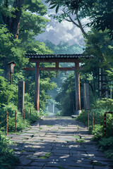  Torii gate in the forest. Anime background , Illustration, art.