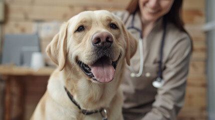 A happy golden retriever dog sits in a veterinary office