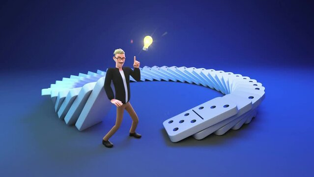 3d animation of a man pushing dominoes. Idea concept.