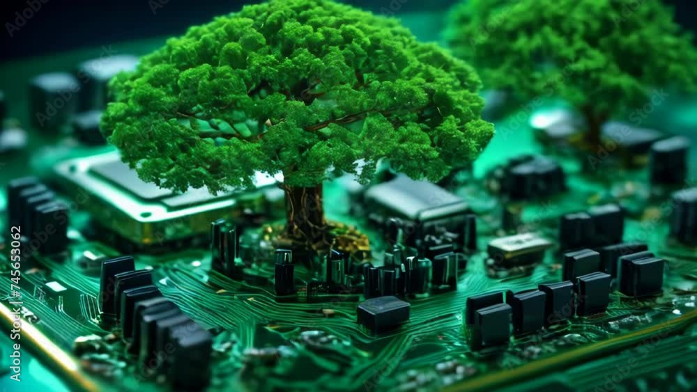 Poster green natural eco-friendly tree and computer technology on an abstract high-tech futuristic backgrou