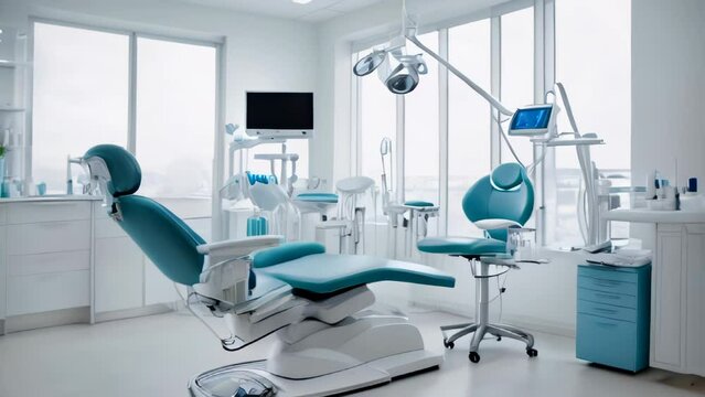 Dentist office white interior with medical equipment, blue tone