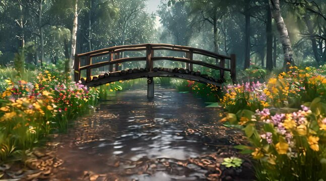 Babbling brook, wildflowers, rustic wooden bridge
