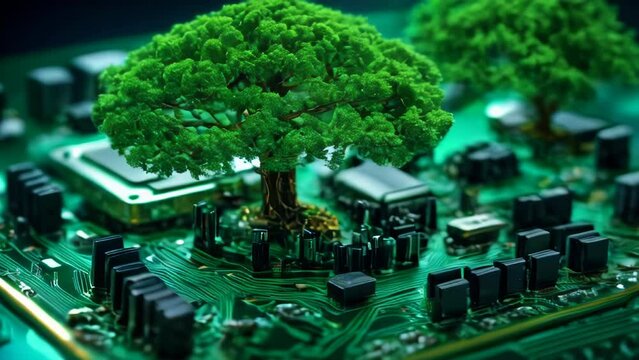 Green natural eco-friendly tree and computer technology on an abstract high-tech futuristic background of microchips and computer circuit boards with transistors