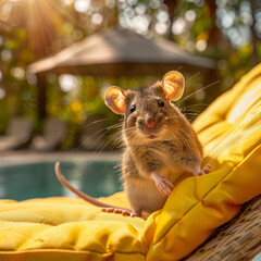 a mouse on vacation, in a sun lounger by the pool