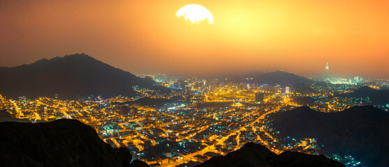 Makkah City view from Hira Cave. Night scene before sunrise.