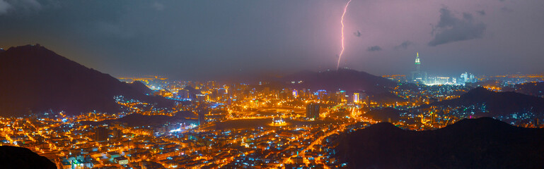 Makkah City view from Hira Cave. Night scene before sunrise.