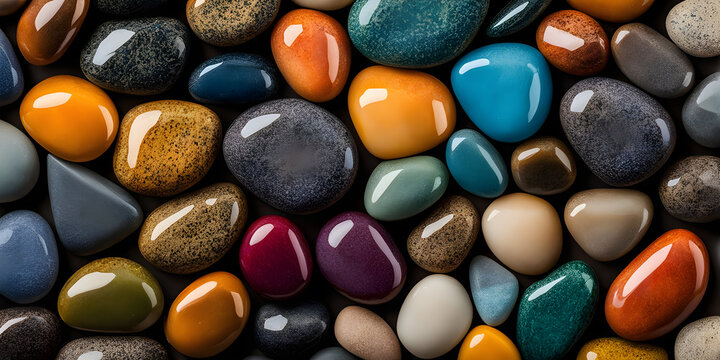 Multicolored small stones, wet pebbles on the seashore, natural background