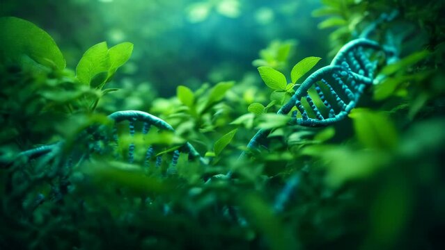 DNA helix with green plants