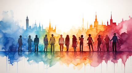 Multicolored spectrum silhouettes of people, watercolor, stains, splashes, colored, paint, background, art, wallpaper, print, poster, wall, painting, interior, generative AI