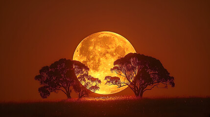 A harvest moon rising above a silhouette of trees, with a soft glow illuminating the autumn landscape, during a clear night sky