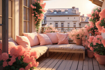 Serene Morning on a Cozy Balcony Adorned With Blooming Flowers in the Heart of the City - 745653687