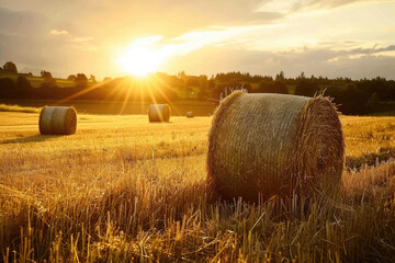 Majestic Hay Bales Dance in the Sunset Glow - 745653834