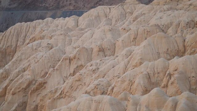 Closeup shot of Moonland Chango as seen on the way to Spiti Valley in Himachal Pradesh, India. Rocky structures like Moonland in the Himalayan mountains in Spiti Valley. Natural rock formation. 