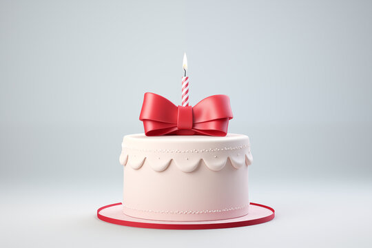 Birthday cake with red bow and candle on light background. 3D rendering