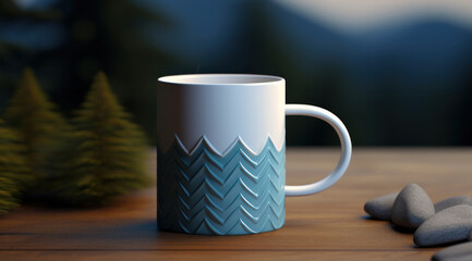 A white and blue ceramic cup is on a wooden table against a blue background, generative AI




