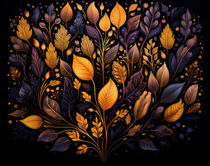 A pattern of blue and yellow leaves on a black background, generative AI





