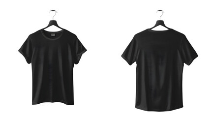 mockup of a plain black t-shirt front and back, on a hanger with a transparent white background