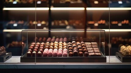 variety of delicious chocolate candies on a glass display case in confectionery boutique, banner, poster - obrazy, fototapety, plakaty