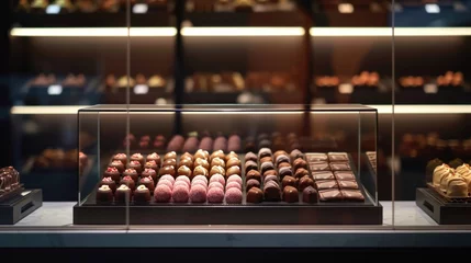 Tuinposter variety of delicious chocolate candies on a glass display case in confectionery boutique, banner, poster © Dmitriy