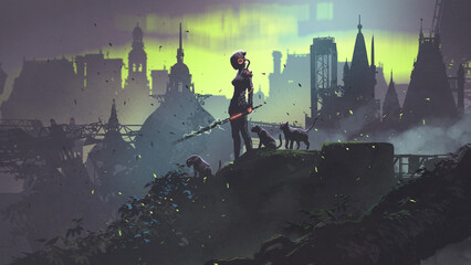 Female superhero standing with guardian wild cats on ruins of destroyed building, digital painting, hand drawn illustration - obrazy, fototapety, plakaty