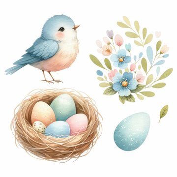 Birds and bird nests with eggs. watercolor illustration, Easter decoration, element of nature and forests. Wildlife.