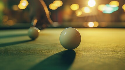 A close up of the white cue ball on a snooker table during play and a hand with the snooker cue stick about to take a shot - obrazy, fototapety, plakaty