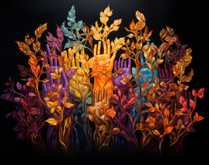 An image of colorful hands and leaves on a black background, generative AI




