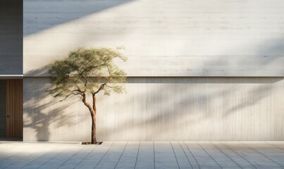 a tree in front of a modern concrete facade