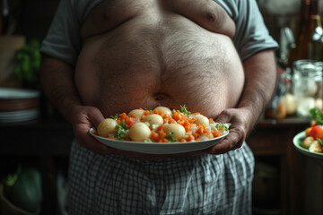 Adult obese overweight fat man with big belly holding plate with callories food in it. Obesity. Extra calories - obrazy, fototapety, plakaty