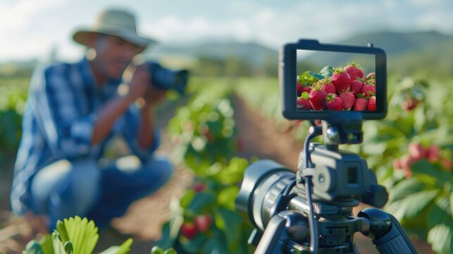 Agriculture strawberry farmer owner entrepreneur showing product in front of the camera to recording vlog video live streaming for marketing or selling online, social media online business concept.