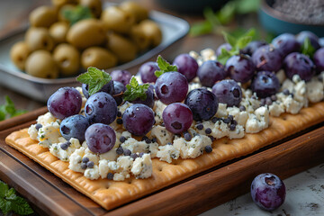 A Platter of Grapes and Cheese on Crackers