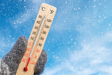 White celsius scale thermometer in hand. Ambient temperature minus 20 degrees celsius