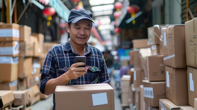 Asian male online business owner or online store owner using cellphone taking picture and checking parcel box, scanning retail package parcel barcode on shipping box preparing for delivery.