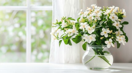 Beautiful bouquet with fresh jasmine flowers in vase on white table indoors, space for text - obrazy, fototapety, plakaty
