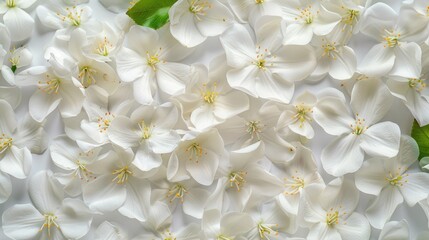 Beautiful white jasmine flowers as background, top view