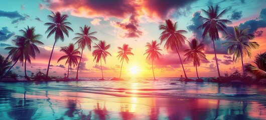 Silhouetted Palm Trees on a Sunset Beach with a Touch of Modern Vintage Tones. Made with Generative AI Technology