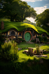 A Fairy-Tale Picture of a Tranquil Hobbit House Nestled Within Lush Greenery