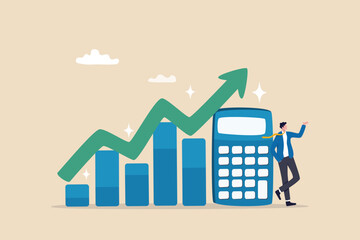Calculate revenue growth, growing income or investment earning, tax, accounting or profit calculation, financial evaluation concept, businessman with calculator and growth chart diagram growing arrow. - 745655419