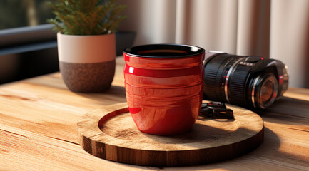 A red ceramic cup on a wooden stand is on the table, generative AI




