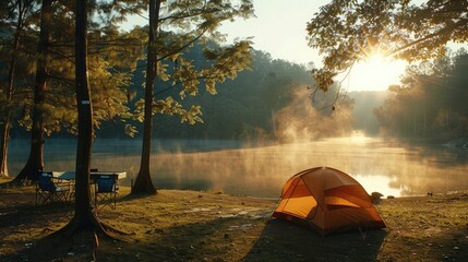 Camping and tent near lake in sunrise