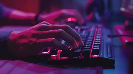 close up of pro cyber sport gamer play game with RGB keyboard and mouse