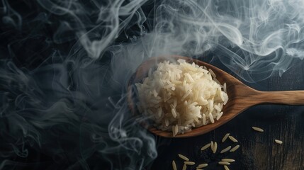 Cooked rice in a wooden spoon with smoke over dark background