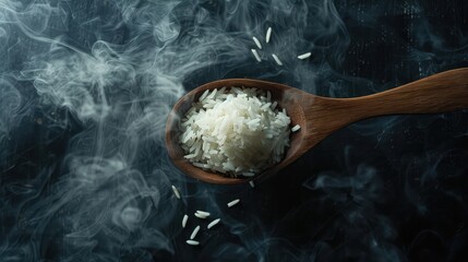 Cooked rice in a wooden spoon with smoke over dark background