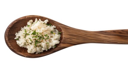 cooked rice in wood spoon on isolated white background