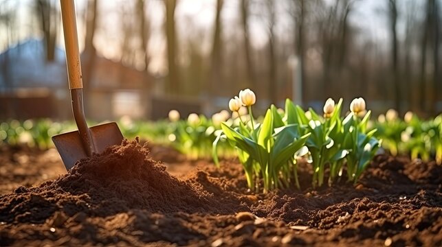 Gardening tool and tulips. Shovel in soil outdoors, space for text. Generative AI	