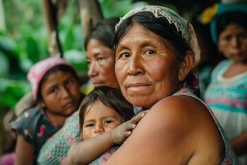 Indigenous Woman Holding Child with Family in Background in Rural Setting