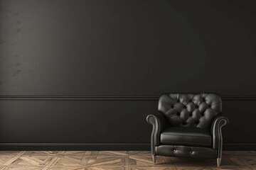 TV room interior with black leather armchair on empty dark wall background.