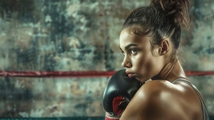 Focused Female Boxer Resting on Boxing Ring Ropes