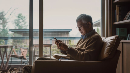 Retired gray haired grandpa asian man sit alone using mobile phone video call at table desk at window boring stay home self isolation quarantine feeling depress in problem mental healt - obrazy, fototapety, plakaty