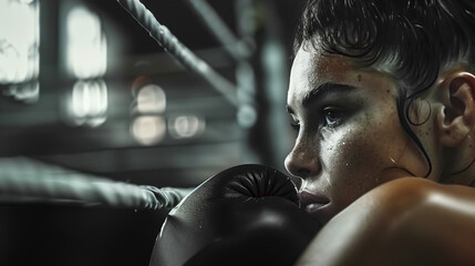 Focused Female Boxer Resting on Boxing Ring Ropes